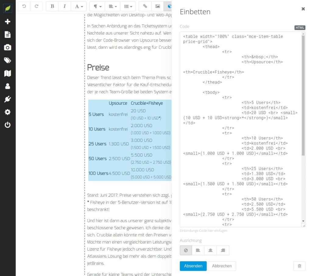 In der rechten Seitenleiste kann der eingebettete HTML-Code für die Tabelle bearbeitet werden – alle anderen Seiteninhalte können wie gehabt direkt in der formatierten Darstellung bearbeitet werden.