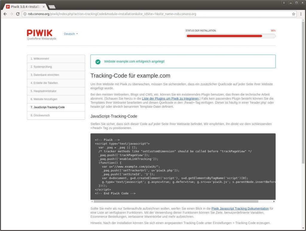 Ausgabe des Tracking-Codes – Den Code können Sie kopieren und müssen dafür sorgen, dass er auf jeder einzelnen Unterseite der zu trackenden Website ausgegeben wird