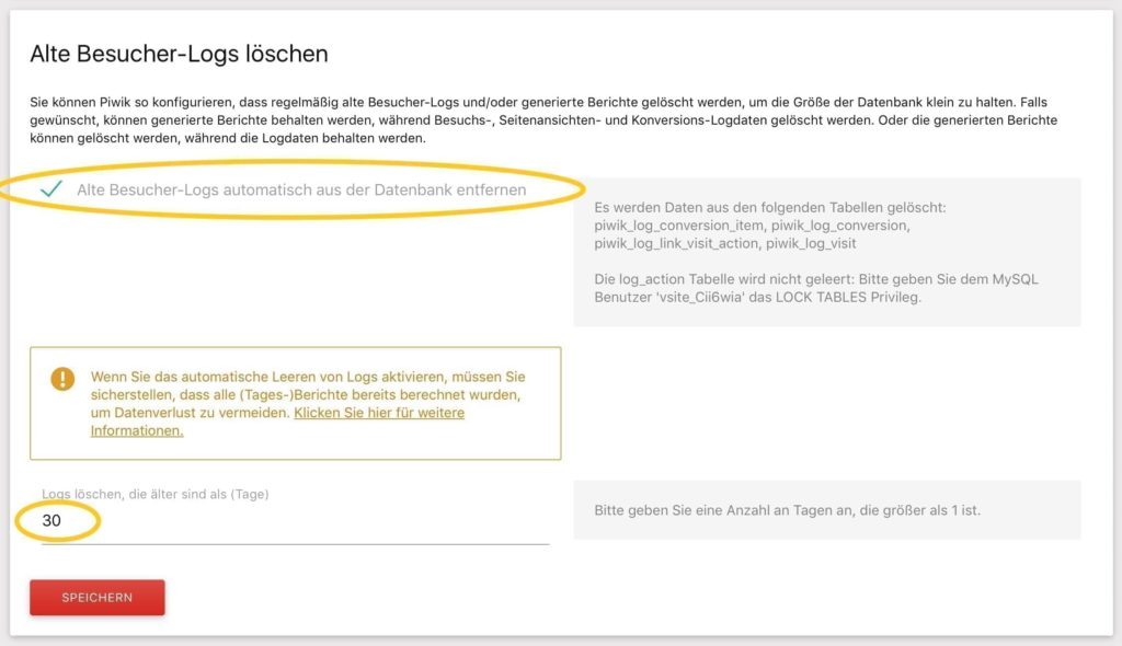 Automatisches und regelmäßiges Löschen von Log-Daten in Piwik 3