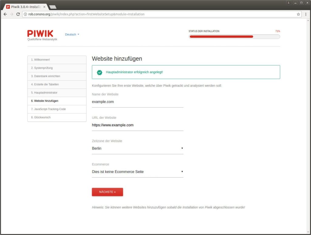 Erste zu trackende Website anlegen – später können weitere hinzugefügt werden