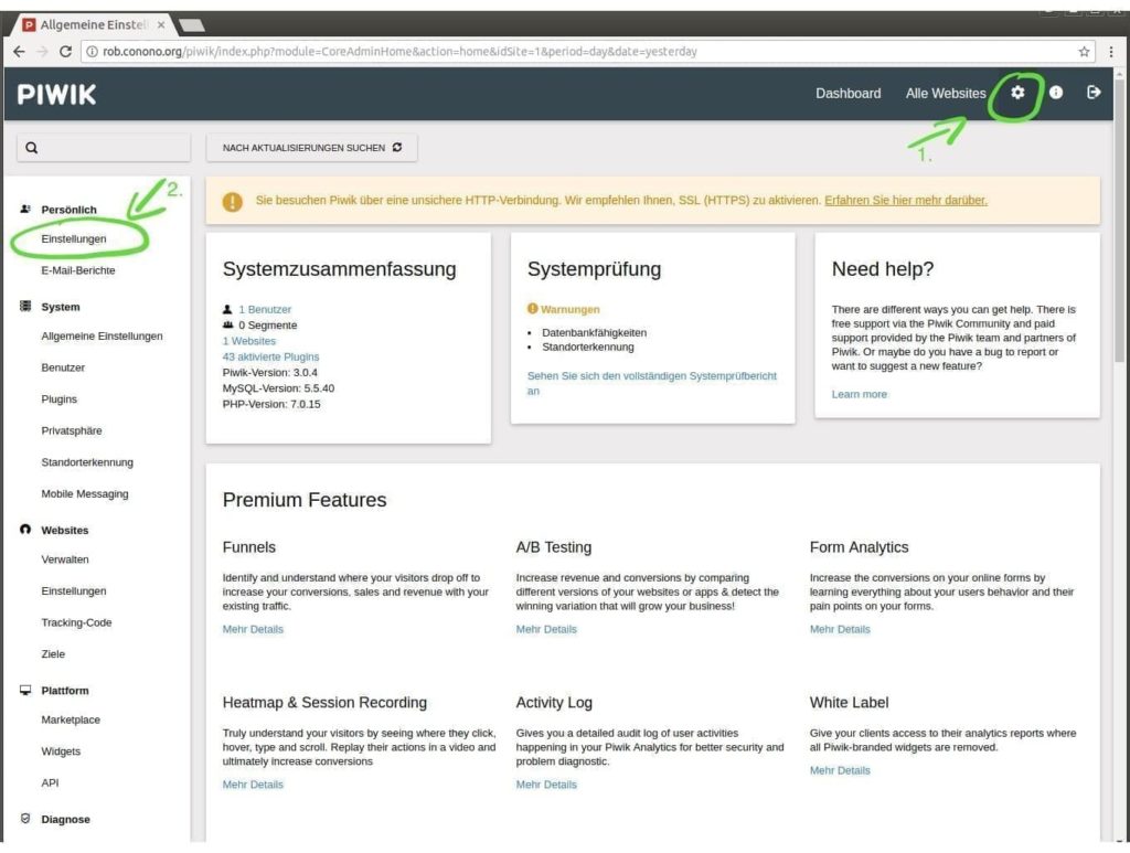 Piwik 3 – Öffnen der Einstellungen