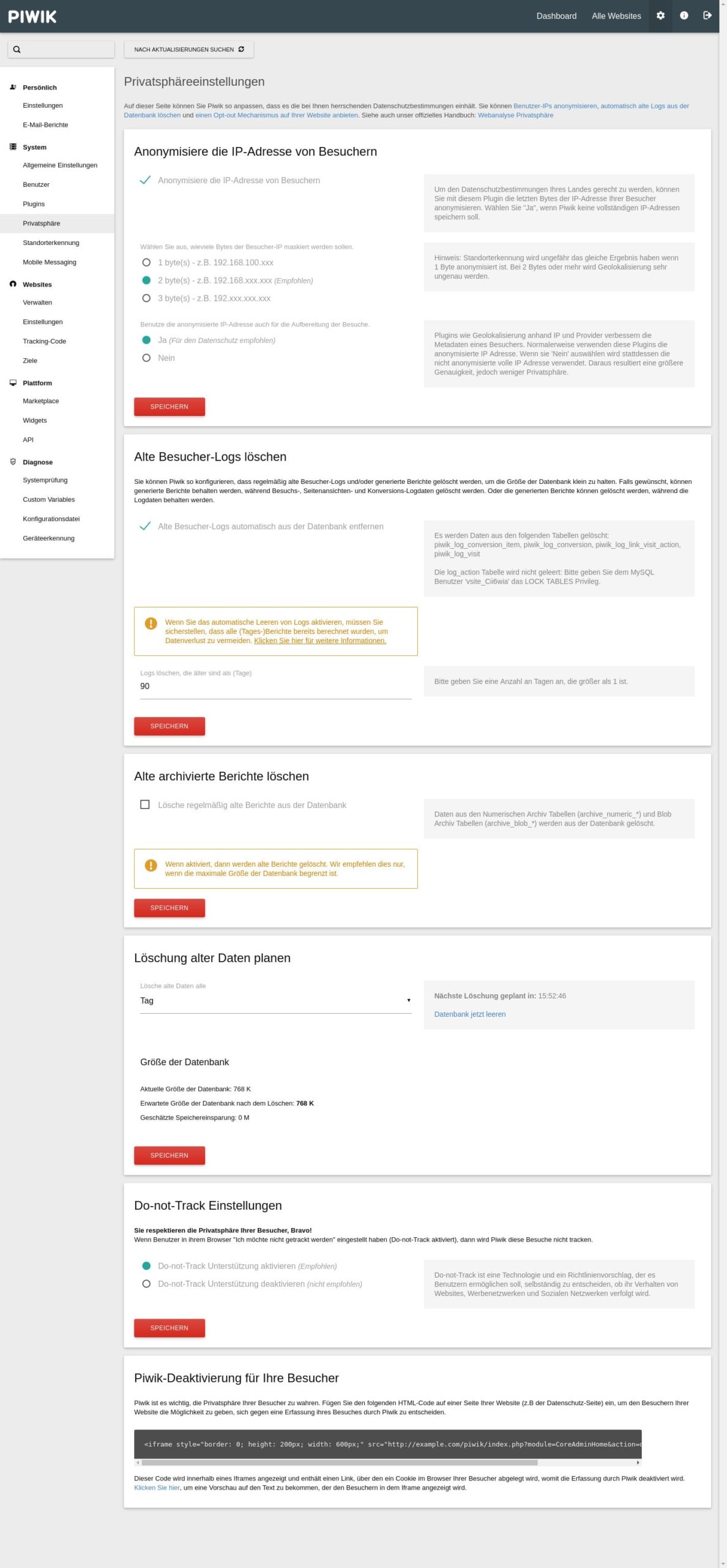Die Privatsphäre-Einstellungen werden in Piwik 3 übersichtlich auf einer Seite zusammengefasst.