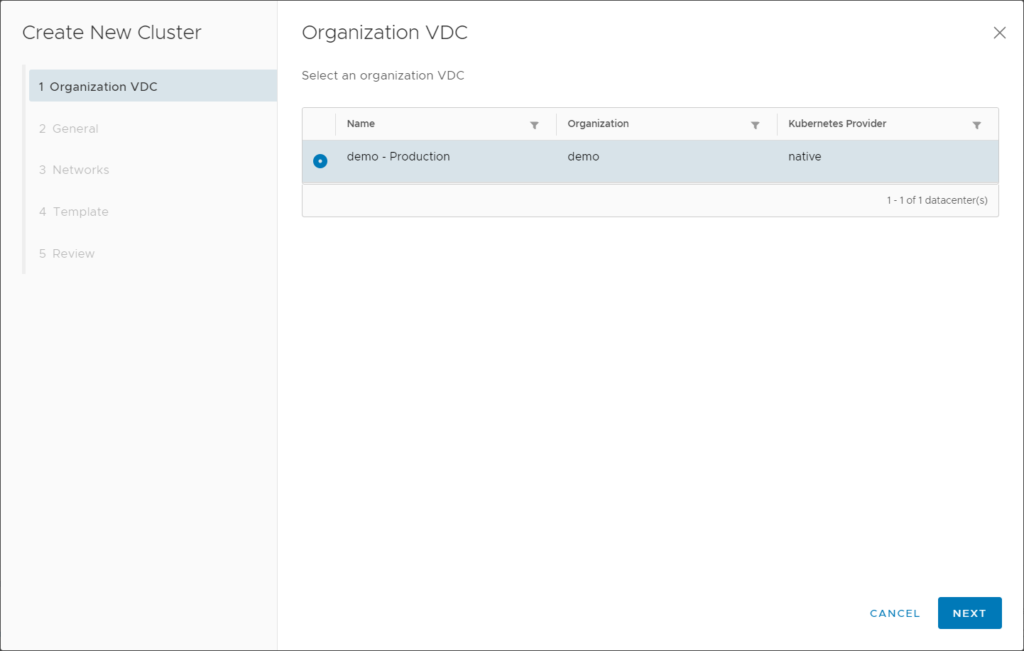 Cloud Director CSE - Datacenter für das Deployment des Clusters auswählen