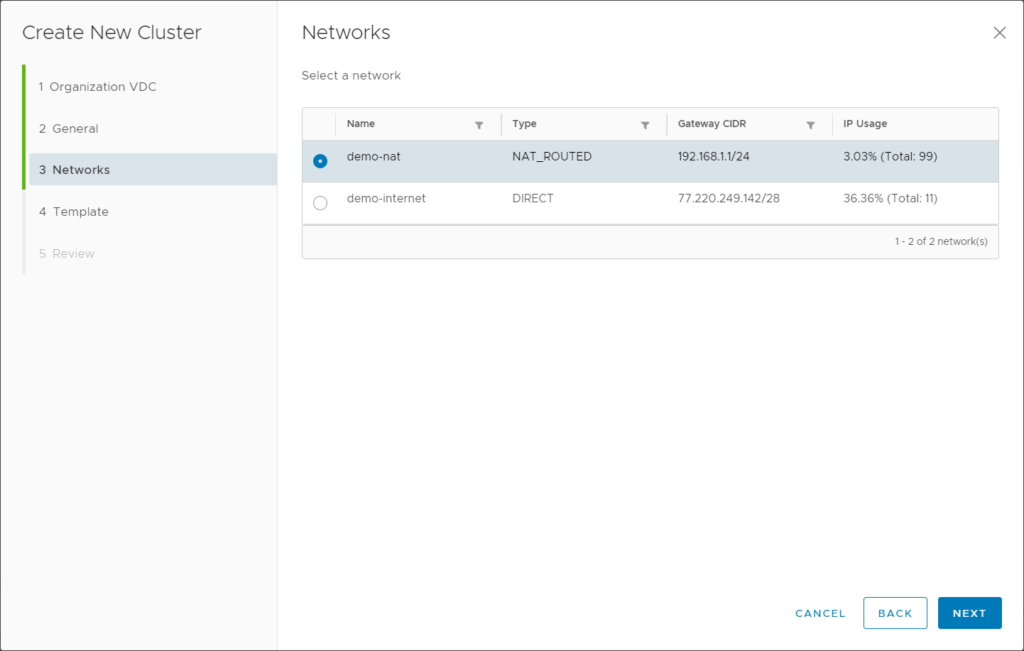 Cloud Director CSE - Netzwerk auswählen