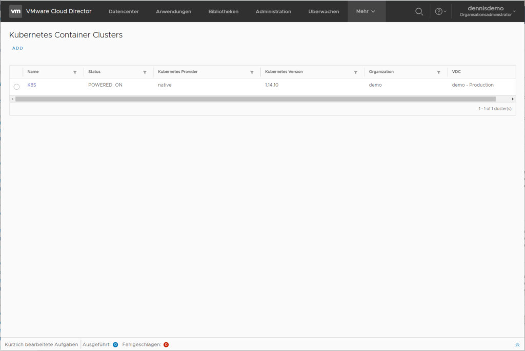 Cloud Director CSE - K8S Cluster steht zur Nutzung bereit