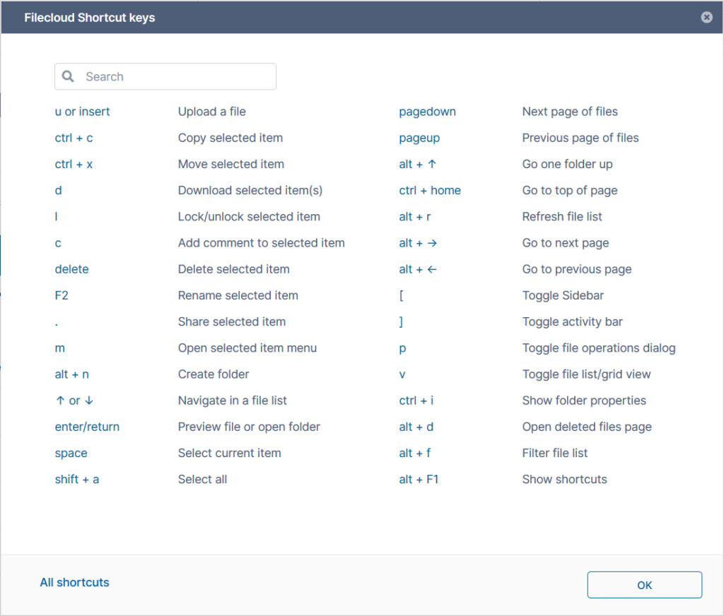 FileCloud 21 - Shortcut Keys